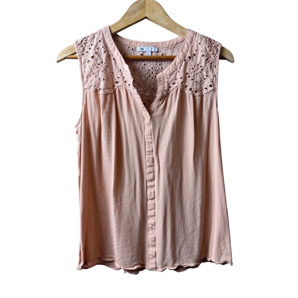DR2 Womens Peach Sleeveless Eyelet Embroidered V-Neck Blouse Top Large